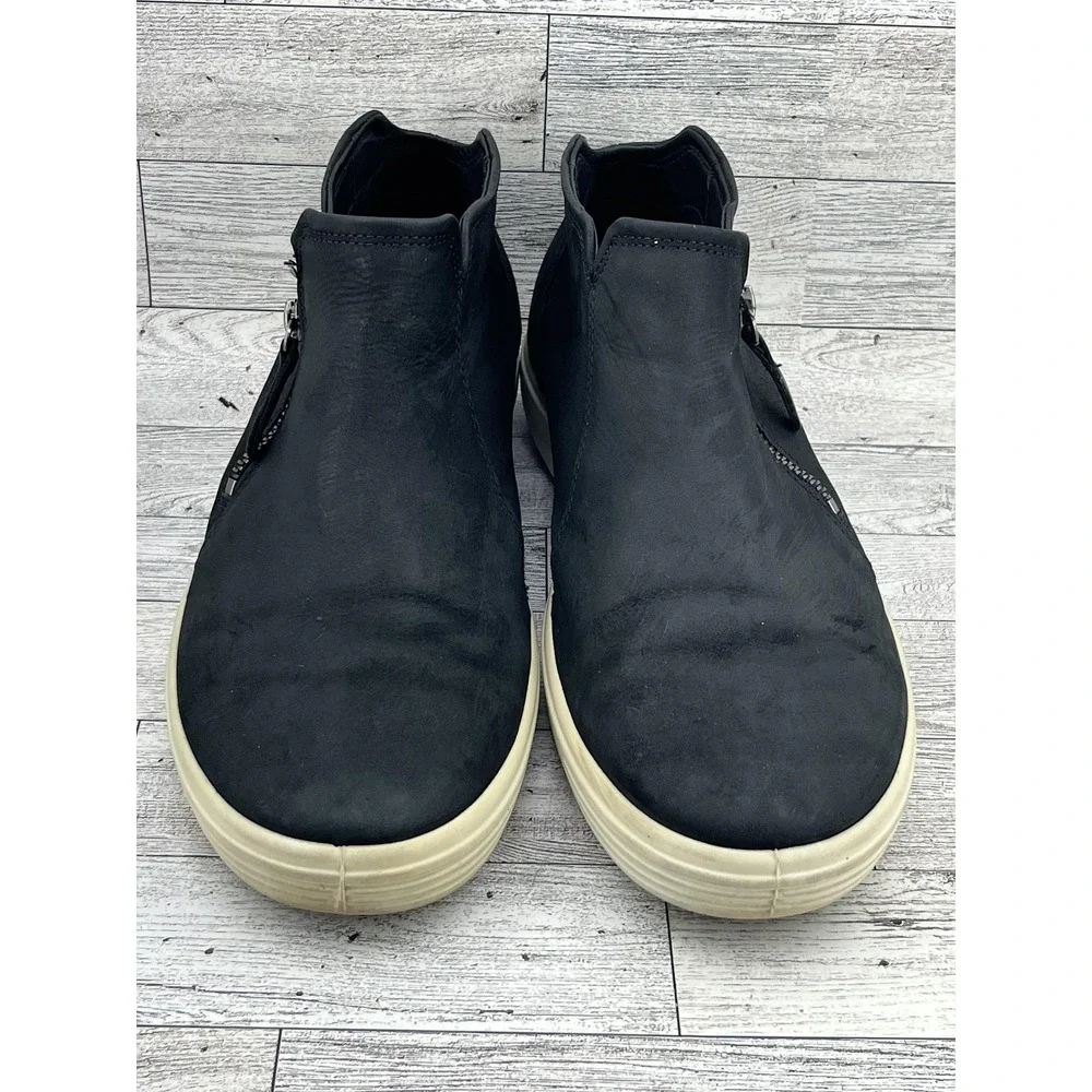 ECCO Soft 7 Shoes Mens Sz 8.5 42 Black Leather Side Zip Comfort Sneakers Casual‎